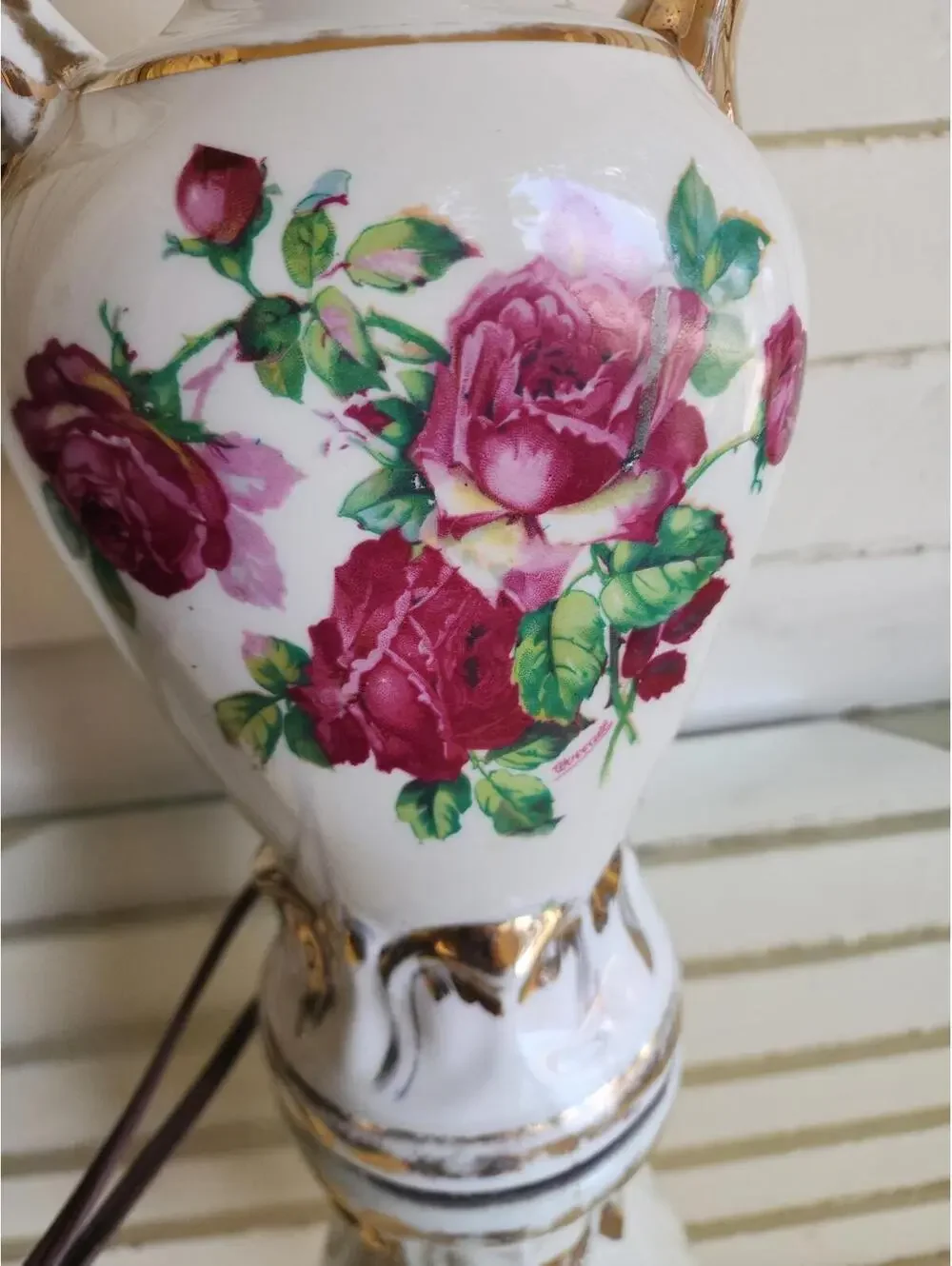 Hand Painted Roses Gold Gilding Floral Jenny Worrall  Porcelain Table Lamp